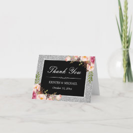 Zilveren glitter vonken bloemendecoratie dank je w bedankkaart