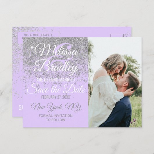 Zilveren Glitter Vonken Lavendel Paars Bewaar Datu Aankondigingskaart (Voorkant / Achterkant)