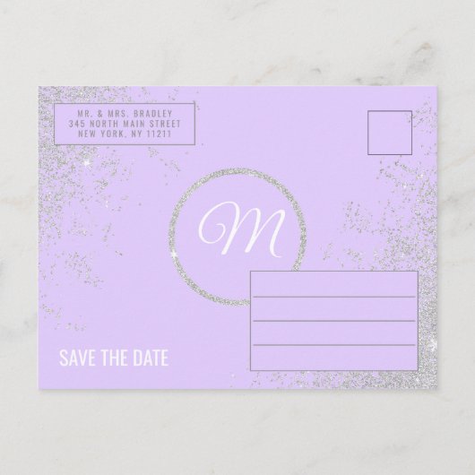 Zilveren Glitter Vonken Lavendel Paars Bewaar Datu Aankondigingskaart (Achterkant)