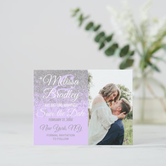 Zilveren Glitter Vonken Lavendel Paars Bewaar Datu Aankondigingskaart (Staand voorkant)