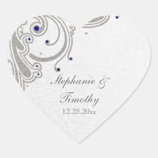 Zilveren glitter wervelingen + blauw juweel bruilo hart sticker (Voorkant)