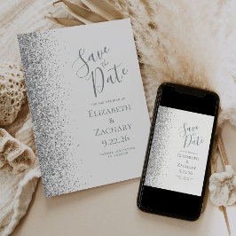 Zilveren Glitter Wit Save the Date Aankondiging