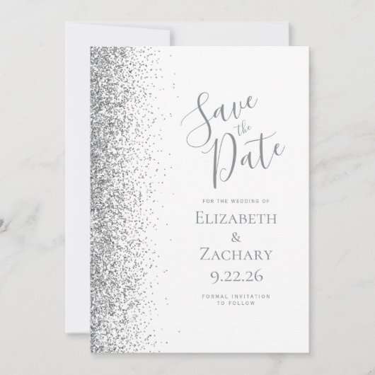 Zilveren Glitter Wit Save the Date Aankondiging (Voorkant)