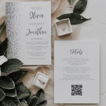 Zilveren Glitter Wit Script QR Code Wedding