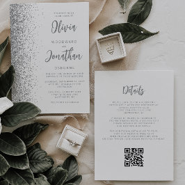 Zilveren Glitter Wit Script QR Code Wedding Kaart