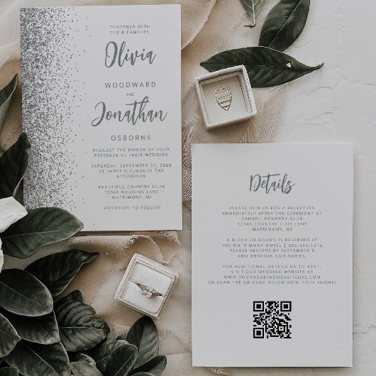 Zilveren Glitter Wit Script QR Code Wedding Kaart