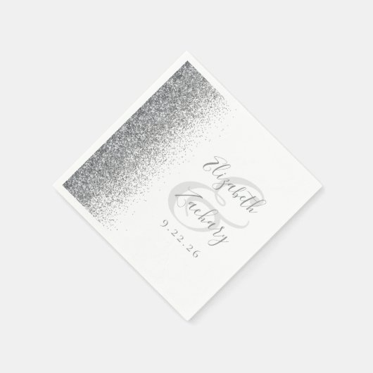 Zilveren Glitter Witte Bruiloft Servetten (Hoek)