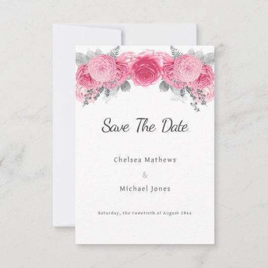 Zilveren glitter witte roze flora Save The Date (Voorkant)