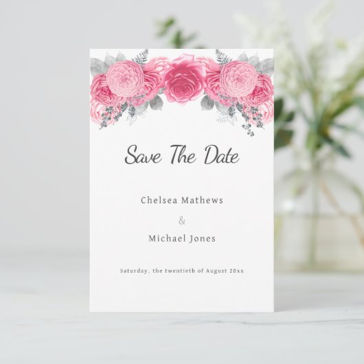 Zilveren glitter witte roze flora Save The Date (Staand voorkant)