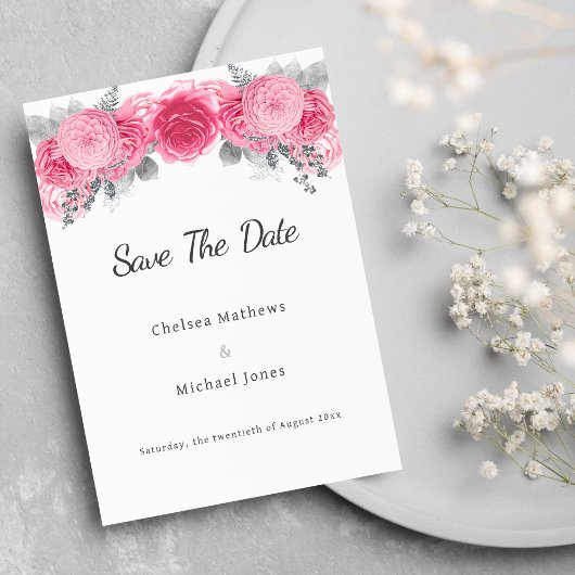 Zilveren glitter witte roze flora Save The Date
