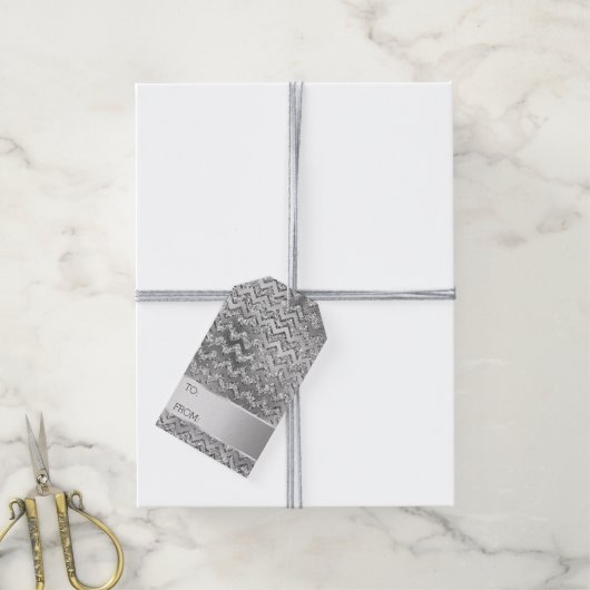 Zilveren Glitter Zigzag Stripes Kerstmis Cadeaulabel (Met Touw)