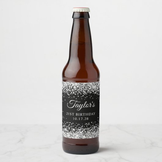 Zilveren Glitter Zwart 21e Verjaardag Bier Etiket (Voorkant)