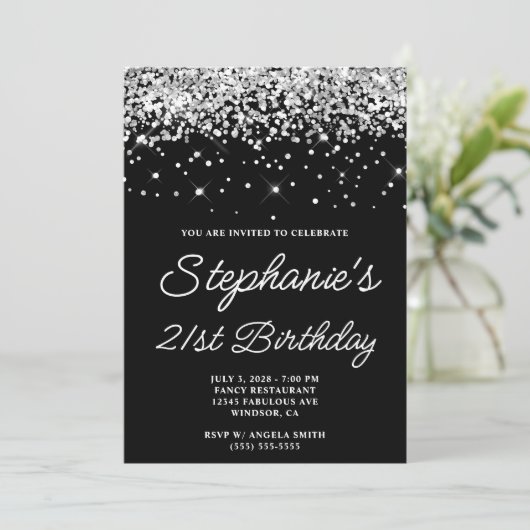 Zilveren Glitter Zwart 21e Verjaardag Kaart (Staand voorkant)