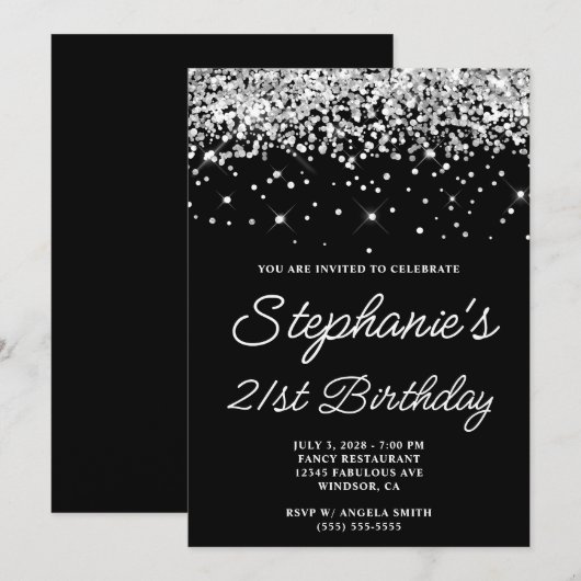Zilveren Glitter Zwart 21e Verjaardag Kaart (Voorkant / Achterkant)