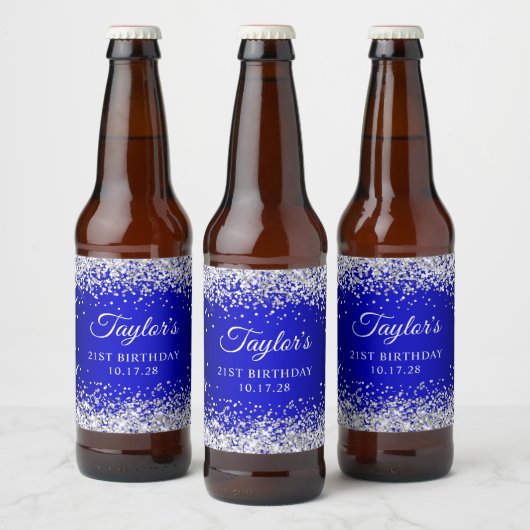 Zilveren Glitter Zwart Blauw Ombre 21e Verjaardag Bier Etiket (Flessen)