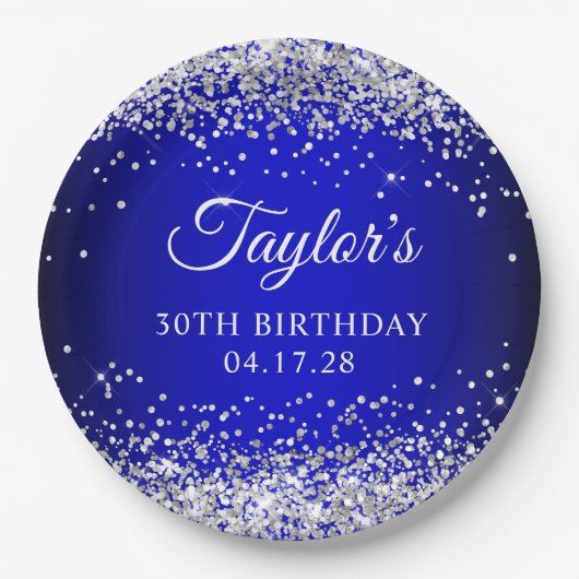 Zilveren Glitter Zwart Blauw Ombre 30e Verjaardag Papieren Bordje (Voorkant)