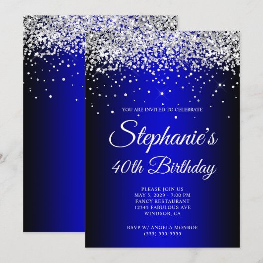 Zilveren Glitter Zwart Blauw Ombre 40e Verjaardag Kaart (Voorkant / Achterkant)