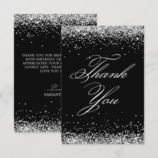 Zilveren Glitter Zwart Elegant 40ste Verjaardag Bedankkaart (Voorkant / Achterkant)