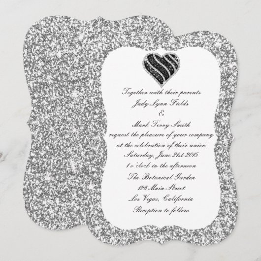 Zilveren Glitter Zwart Hart Bruiloft Uitnodiging (Voorkant / Achterkant)