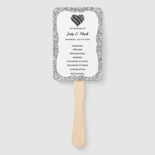 Zilveren Glitter Zwart Hart Trouwprogramma Fans Handwaaier (Voorkant)