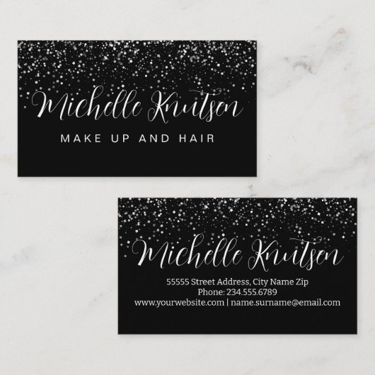 Zilveren Glitter Zwart Make-up Artiest Haarsalon Visitekaartje (Voorkant / Achterkant)
