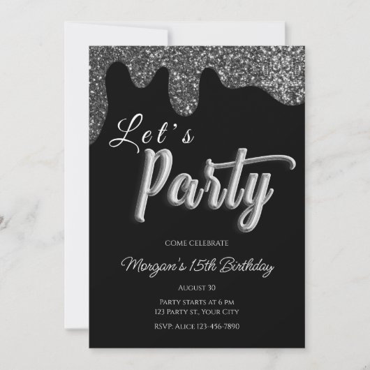 Zilveren Glitter Zwart Meisje Verjaardagsfeest Kaart (Voorkant)