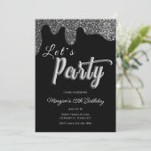 Zilveren Glitter Zwart Meisje Verjaardagsfeest Kaart (Staand voorkant)