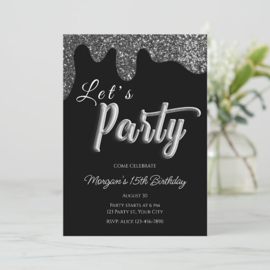 Zilveren Glitter Zwart Meisje Verjaardagsfeest Kaart (Staand voorkant)