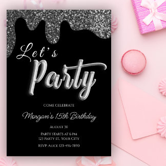 Zilveren Glitter Zwart Meisje Verjaardagsfeest Kaart