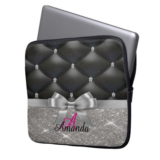 Zilveren glitter zwart monogram elektronica Tas (Voorkant Links)