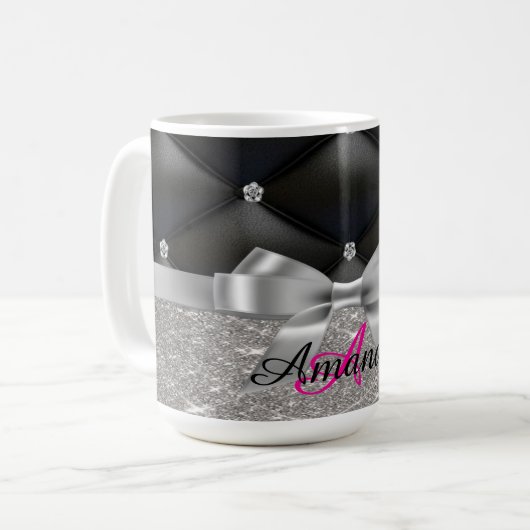 Zilveren glitter zwart monogram elektronica Tas Koffiemok (Voorkant links)