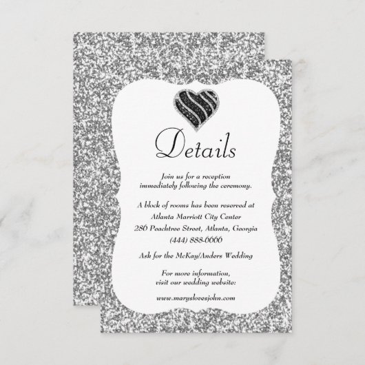 Zilveren Glitter Zwart & Wit Hart Bruiloft Details Informatiekaartje (Voorkant / Achterkant)
