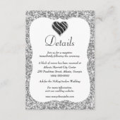 Zilveren Glitter Zwart & Wit Hart Bruiloft Details Informatiekaartje (Voorkant)