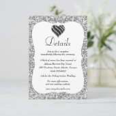 Zilveren Glitter Zwart & Wit Hart Bruiloft Details Informatiekaartje (Staand voorkant)