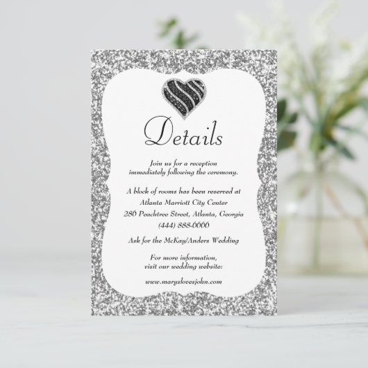 Zilveren Glitter Zwart & Wit Hart Bruiloft Details Informatiekaartje (Staand voorkant)