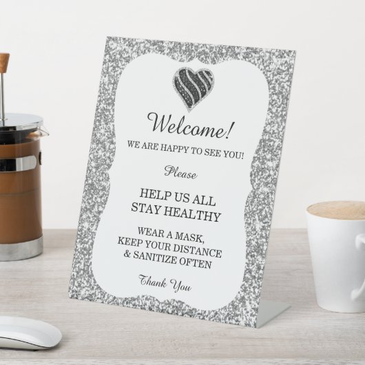 Zilveren Glitter Zwart & Wit Hart Bruiloft Veiligh Reclamebord Met Voetstuk (Insitu)