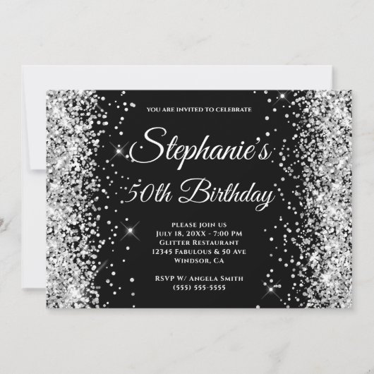 Zilveren Glitter Zwarte Fancy Monogram Kaart (Voorkant)