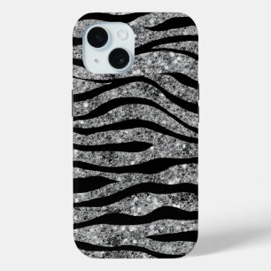 Zilveren Glitter & Zwarte Zebra Strepen iPhone 15 Case