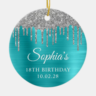 Zilveren Glitterdruppels Aqua Blauwe 18e Verjaarda Keramisch Ornament