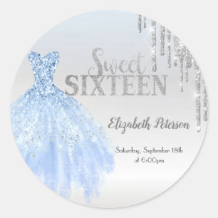 Zilveren Glitterdruppels, Blauwe Jurk Zilveren Swe Ronde Sticker