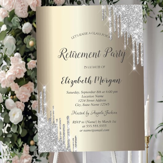 Zilveren Glitterdruppels Champagne Pensioen Kaart