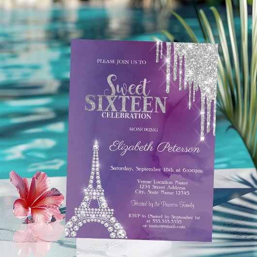 Zilveren Glitterdruppels Eiffeltoren Paars Sweet 1 Kaart