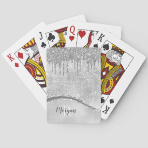 Zilveren Glitterdruppels & Glans, Naam & Monogram Pokerkaarten