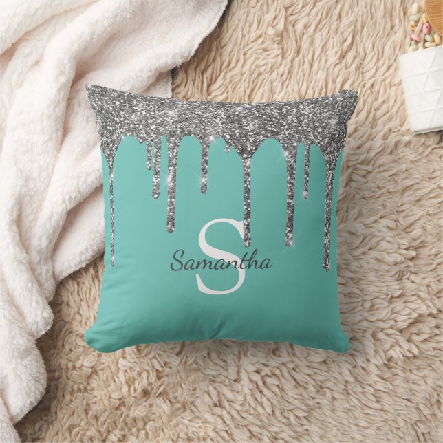 Zilveren Glitterdruppels Licht Teal Monogram Naam Kussen (Deken)