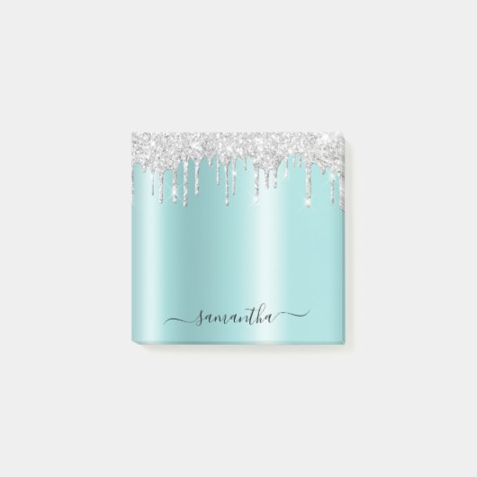 Zilveren Glitterdruppels Licht Turquoise Glans Post-it® Notes (Voorkant)