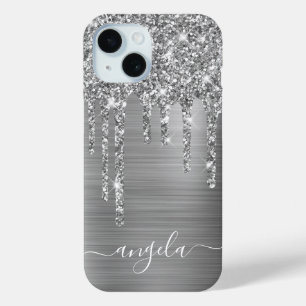 Zilveren Glitterdruppels Meisjesachtige Glam Handt iPhone 15 Case