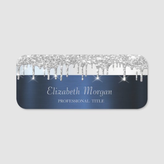 Zilveren Glitterdruppels Navyblauw Naamplaatje (Voorkant)