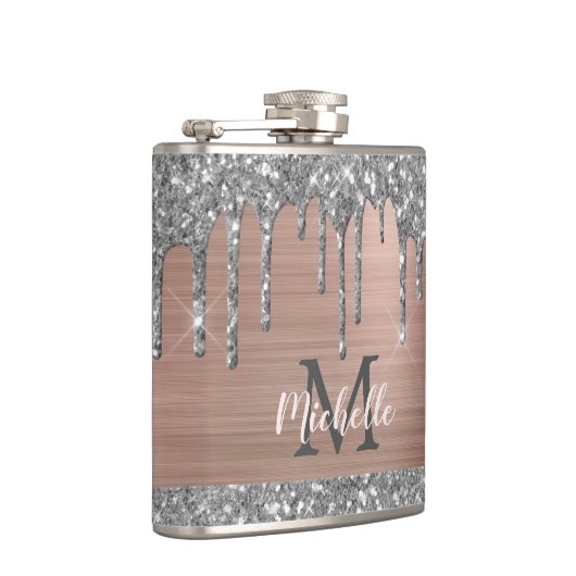 Zilveren Glitterdruppels op Roze Metalen Monogram Heupfles (Rechts)