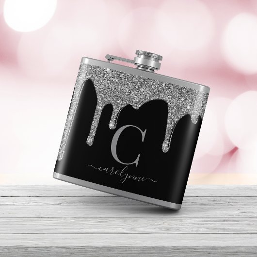 Zilveren Glitterdruppels op Zwarte Monogram Heupfles