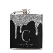 Zilveren Glitterdruppels op Zwarte Monogram Heupfles (Voorkant)